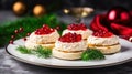 Snack Plate. Holiday Table. Salmon and Red Caviar Canapes . Sandwiches with Salmon and Red Caviar. Royalty Free Stock Photo