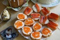 Snack Plate. Holiday Table. Salmon and Red Caviar Canapes. Royalty Free Stock Photo