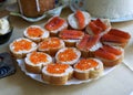 Snack Plate. Holiday Table. Salmon and Red Caviar Canapes. Royalty Free Stock Photo