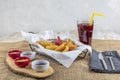 Snack platter - French fries,  spring rolls, fried sausage, chicken nugget, Turkish pastry, onion rings, potato croquette on plate Royalty Free Stock Photo