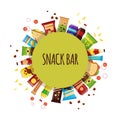 Snack product with circle. Fast food snacks, drinks, nuts, chips, cracker, juice, sandwich for snack bar isolated on