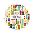 Snack product in circle. Fast food snacks, drinks, nuts, chips, cracker, juice, sandwich for snack bar isolated on white