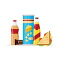 Snack product set, fast food snacks, drinks, chips, juice, sandwich, chocolate isolated on white background. Flat