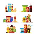 Snack product set, fast food snacks, drinks, nuts, chips, cracker, juice, sandwich isolated on white background. Flat