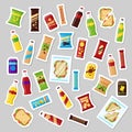 Snack product set, patch badges fast food snacks drinks nuts chips cracker juice sandwich. Flat illustration in vector