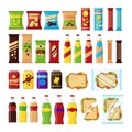 Snack product set for vending machine. Fast food snacks, drinks, nuts, chips, cracker, juice, sandwich for vendor Royalty Free Stock Photo