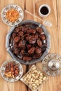 Snack for Ramadan or Eid Mubarak, Dates Fruit, Almond, Raisins, Honey, and Pistachio