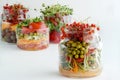 A snack of raw vegetables in a glass. Vegetarian snack options on the go