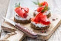 Snack rye bread, soft cheese with herbs and salted red salmon. Royalty Free Stock Photo