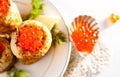 Snack with salmon caviar and pancakes Royalty Free Stock Photo
