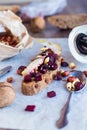 Snack sandwich with roasted beets, nuts, pear and sesame