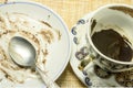 After a snack. A saucer with traces of cake, a cup with coffee grounds