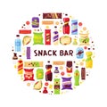 Snack set circle banner, fast food and drinks products. Beverage bottles, sandwich in pack, soda and juice. Food store Royalty Free Stock Photo