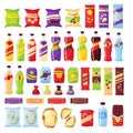 Snack set, fast food and drinks products. Beverage bottles, sandwith in pack, soda and juice for vending machine. Food Royalty Free Stock Photo