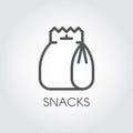 Snack thin line icon. Package with lunch, fast food, chips or other product concept label. Outline pictograph. Vector