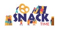Snack time typographic header with cartoon characters, flat vector illustration isolated on white background.