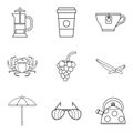 Snack to alcohol icons set, outline style