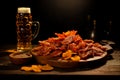 Snack to beer on a wooden board. Basturma, dried meat, dried squid, chips isolated on a black background