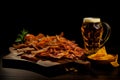 Snack to beer on a wooden board. Basturma, dried meat, dried squid, chips isolated on a black background