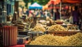 Snack vendor selling fresh fruit, healthy eating in crowded city generated by AI