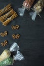 Snacks for beer, nuts and crackers. Oktober Fest. Beer snacks. Dark wooden background. Space for text Royalty Free Stock Photo