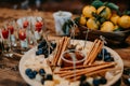 Snacks at the buffet - cheese, grapes, tomatoes, olives - catering