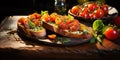 Snacks for the buffet. Delicious bruschetta with tomatoes. Generative AI