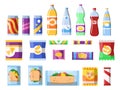 Snacks and drinks. Merchandising products fast food plastic containers water soda biscuits crisps bar chocolate vector