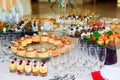 Snacks, fish and meat specialities on the buffet. Desserts. A gala reception. Served tables. Catering