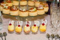 Snacks, fish and meat specialities on the buffet. Desserts. A gala reception. Served tables. Catering
