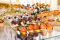 Snacks, fish and meat specialities on the buffet. Desserts. A gala reception. Served tables. Catering