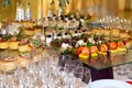 Snacks, fish and meat specialities on the buffet. A gala reception. Served tables. Catering