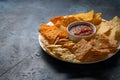 Snacks potato chips with salsa, snacks for relaxation Royalty Free Stock Photo