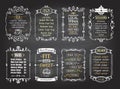 Snacks, salads, desserts, soups, lokal wines and tea chalkboard menu list designs set