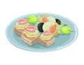 Plate with tapas. Snacks with shrimps and olives. Vector drawing Royalty Free Stock Photo