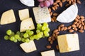 Snacks with wine - various types of cheeses, figs, nuts, honey, grapes Royalty Free Stock Photo