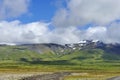 Snaefellsjokull illuminated by the evening light and embraced by clouds