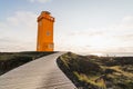 SNAEFELLSNES, ICELAND - AUGUST 2018: view over orange tower of Svortuloft Lighthouse