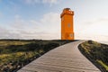 SNAEFELLSNES, ICELAND - AUGUST 2018: view over orange tower of Svortuloft Lighthouse