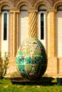 Snagov, Romania - March 30, 2019: Big giant mosaic Easter egg found in the courtyard of Snagov Monastery