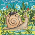 Snail and ant. Painting with watercolors and gouache on paper.