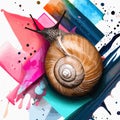 snail on a background of scattered colorful watercolors