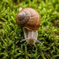 A snail with a brown, spiral shell crawls on a vibrant green moss carpet. The shell features Royalty Free Stock Photo