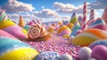 Snail with a candy shell crawling through a colorful candy land under a bright blue sky Royalty Free Stock Photo