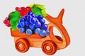 A snail is carrying grapes on a wooden car