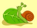 Snail cartoon crawling on leaf