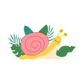 Snail character with palm leaves in a cartoon style. Vector design for poster, card, clothes.