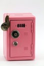 Snail climbing a pink safe money box