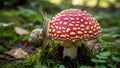 A snail is climbing a red mushroom with white spots in a forest Royalty Free Stock Photo