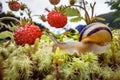 Snail close-up, looking at the red strawberries